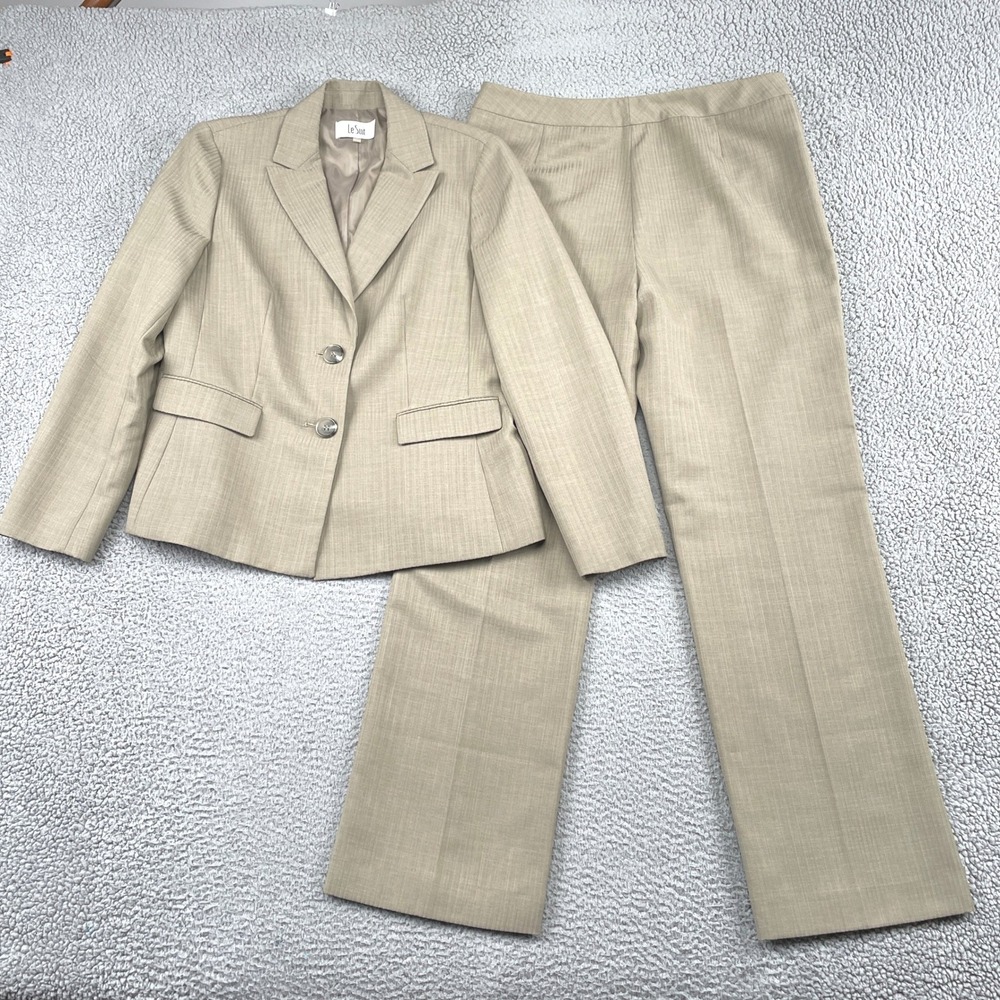 Le Suit Pant Suit Womens 12 Tan Two Button Blazer Straight Leg Trousers Career